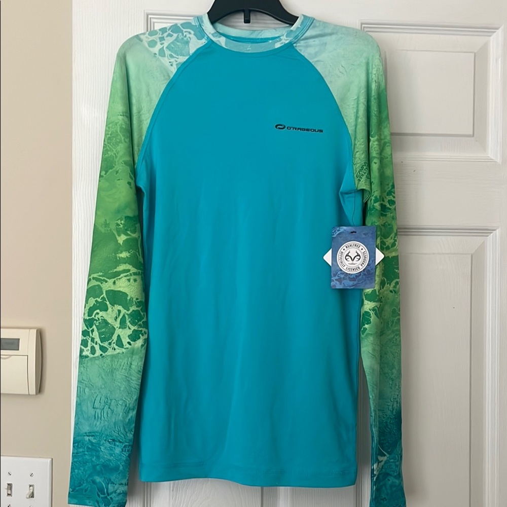 Men’s Small O’Rageous Teal and Lime Gradient Long Sleeve Rash Guard Swim Shirt